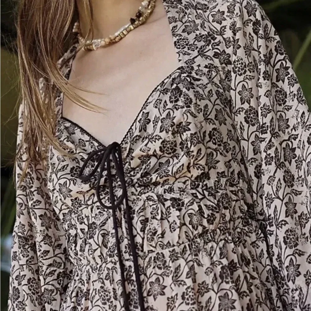 Free People Soulmate Balloon Leg Jumpsuit Long Sleeve Boho Neutral Floral  Sz M